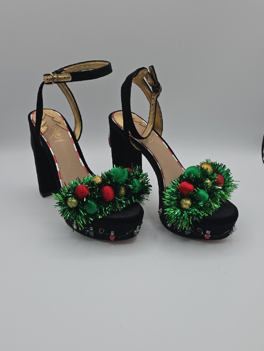 ANTONIO MELANI Black Velvet Heels with Green Tinsel and Red & Gold Ornaments - Picture 14 of 17